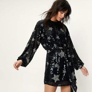 Sequin Star Print Belted Mini Dress